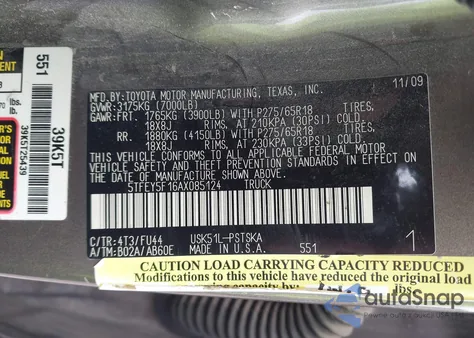 2010 Toyota Tundra Grade 5.7L V8 z USA, uszkodzony, nr VIN 5TFEY5F16AX085124